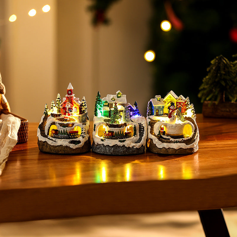 Lighted Christmas Village Scene with Snowman and Train