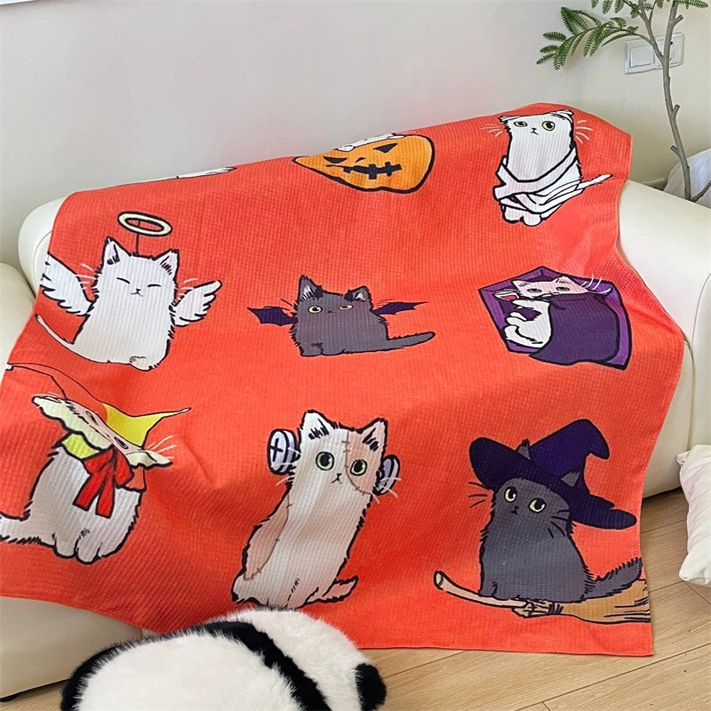Halloween Cat Print Warm Blanket in Bright Orange | Soft Plush Throw for the Couch | 51 x 67 in | 3 Designs