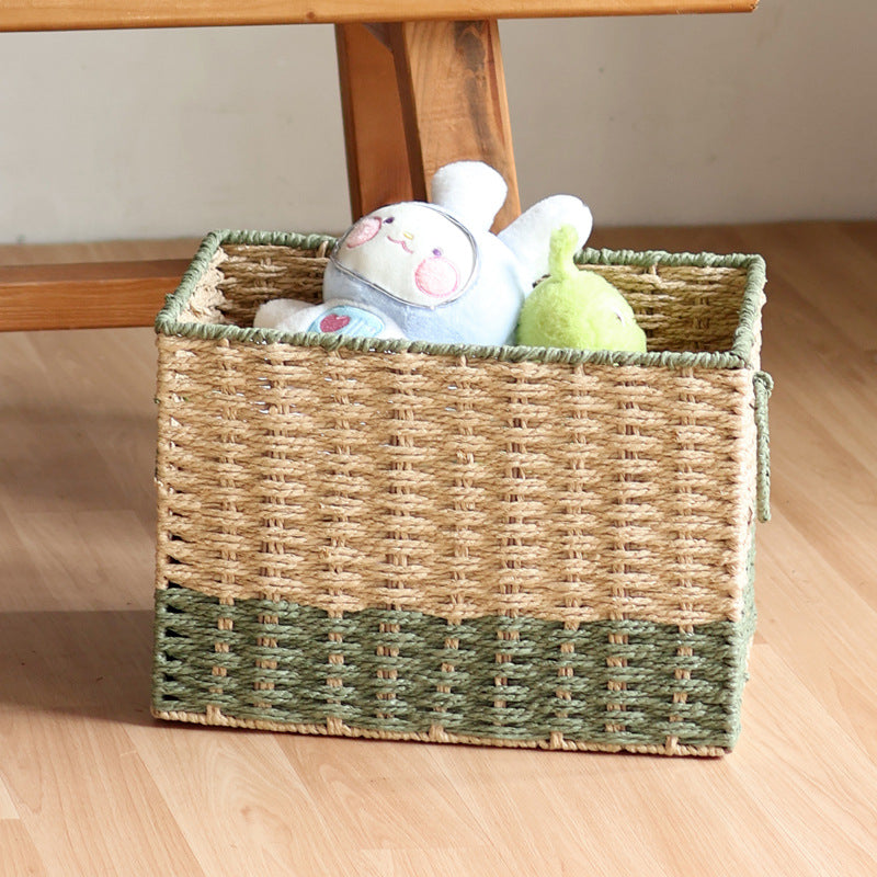 Two-Tone Woven Storage Organizer Basket with Side Handles | Paper Rope Bin for Toys and Blankets | 2 Sizes