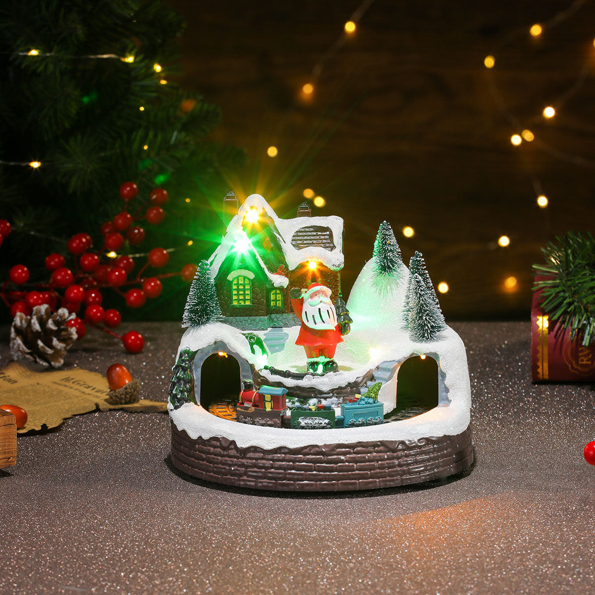 Light Up Christmas Village Scene with Moving Train