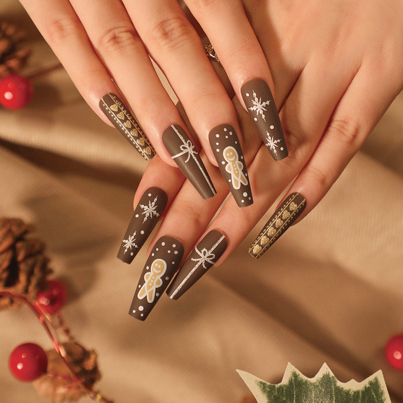Gingerbread Christmas Nails in Blue Acrylic | Press On Nail Set That Is Easy to Remove | Festive Xmas Manicure for Parties