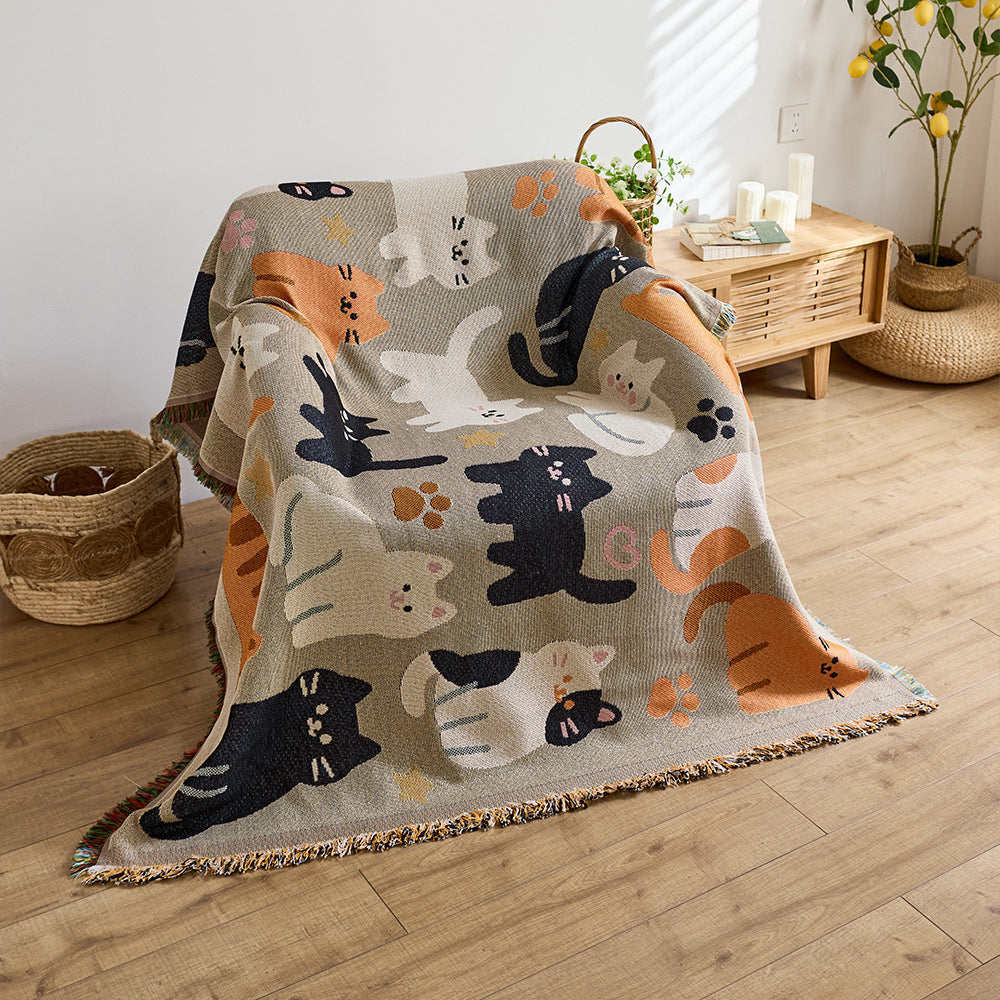 Woven Cat Print Warm Blanket for the Sofa | Soft Fringed Throw for Bed and Armchair | 8 Colorways