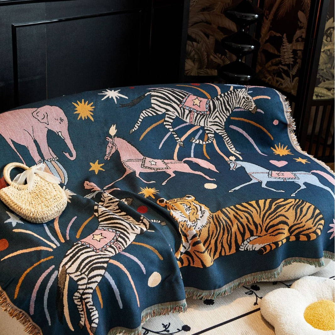 Woven Circus Animal Tapestry Warm Blanket with Knotted Fringe | Sofa Throw or Wall Piece | 2 Sizes