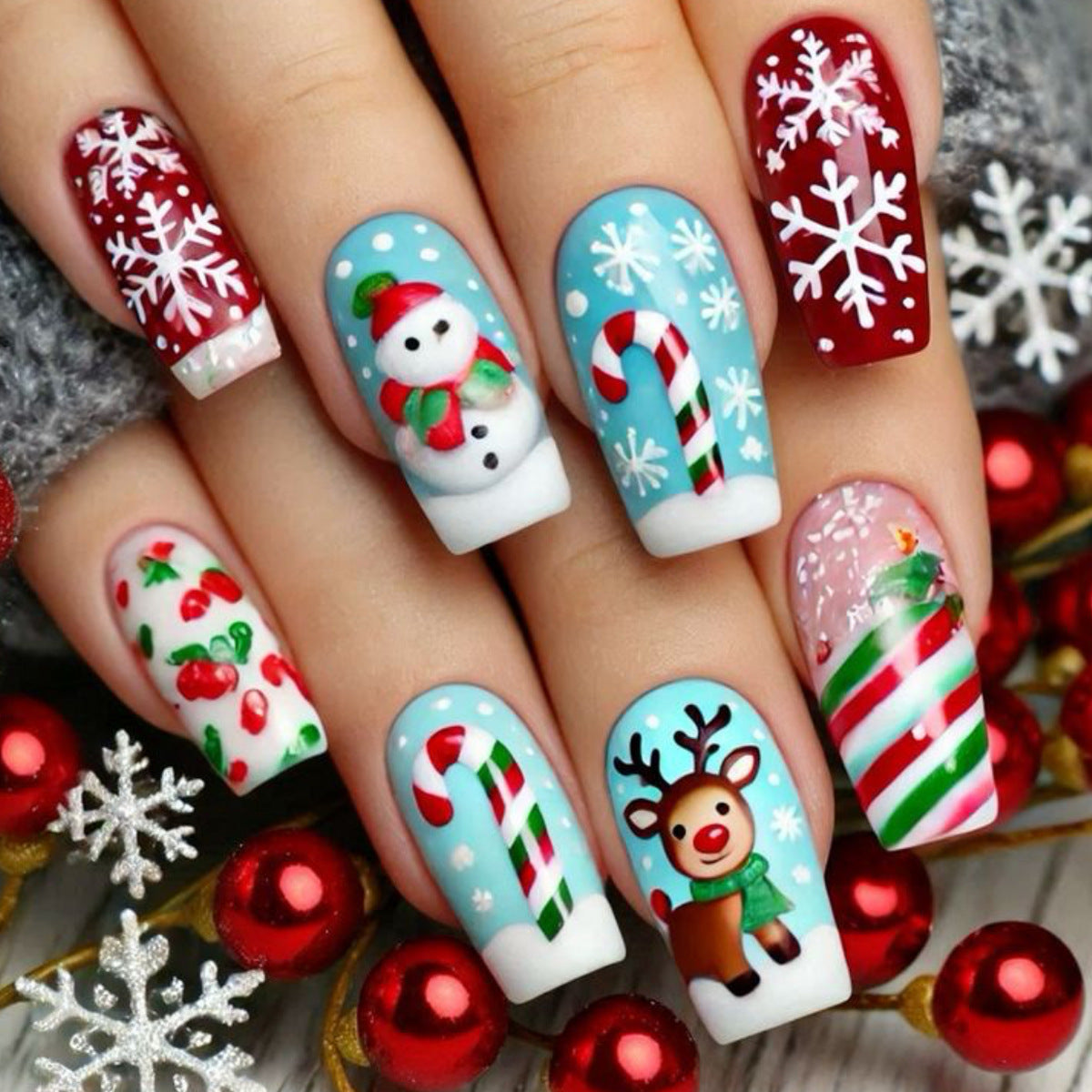 Christmas Press On Nails with Snowmen and Reindeer Designs
