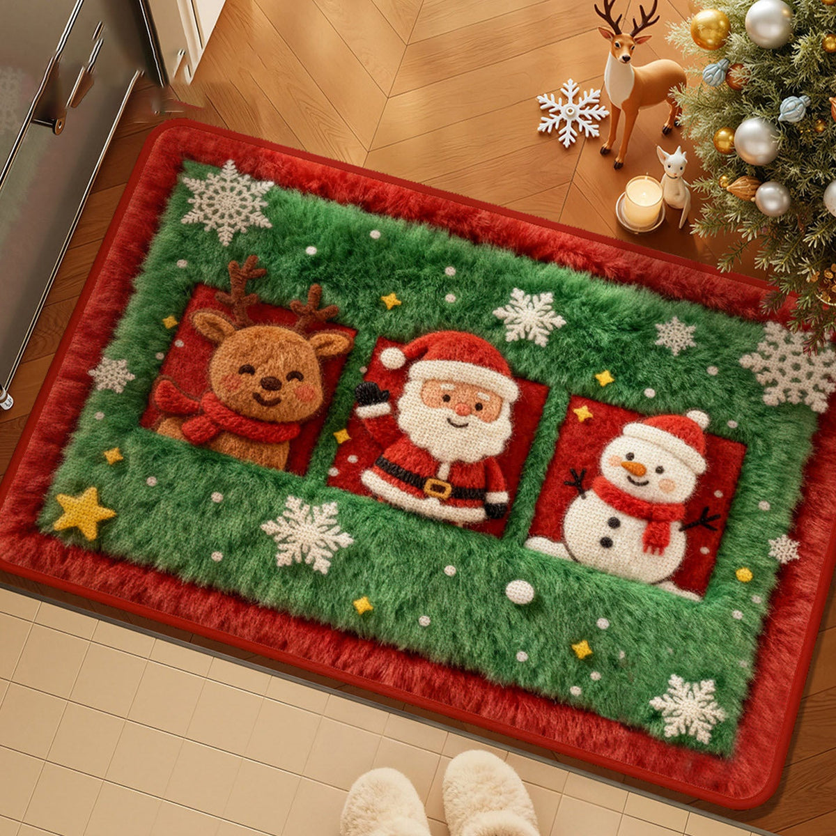 Christmas Door Mat with Santa, Reindeer and Snowman Plush Design