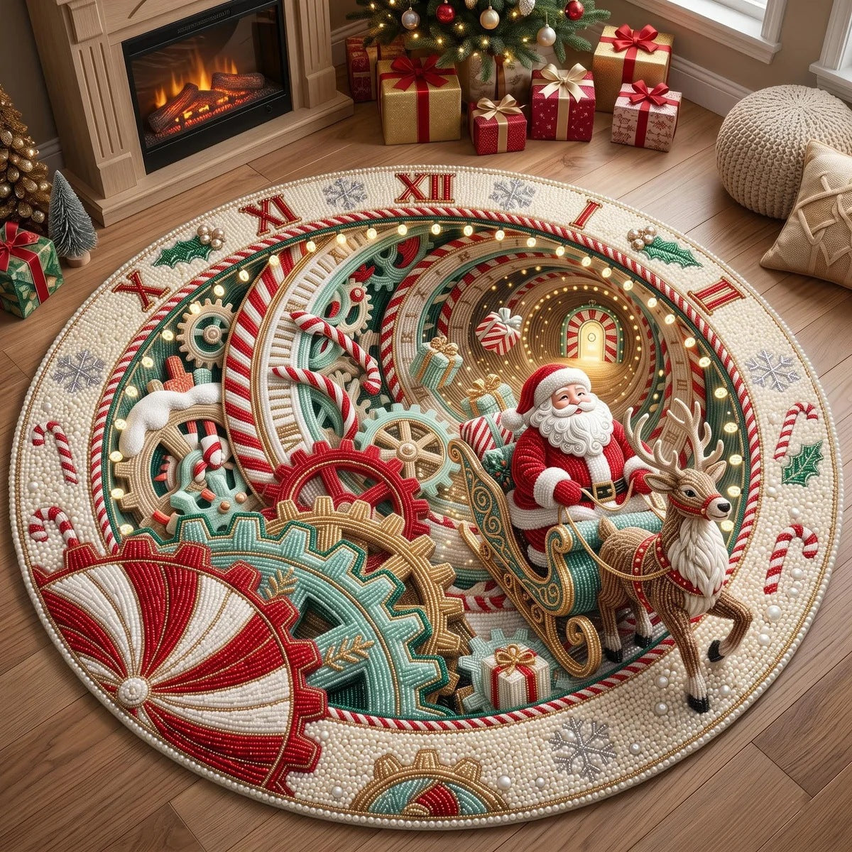 Round Christmas Rug with Santa and Reindeer Holiday Design