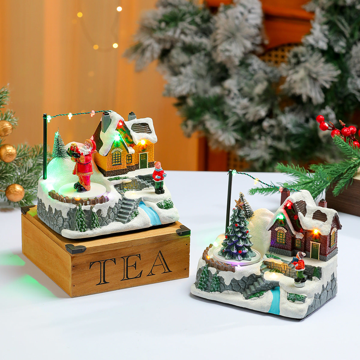 Light Up Christmas Village Figurines Set with Santa Cottage