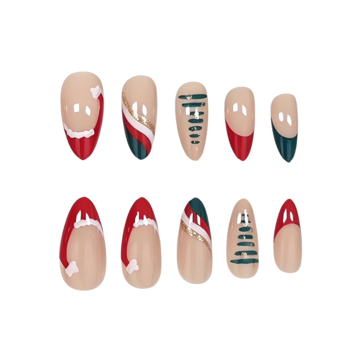 Christmas Press On Nails Set with Holiday Tree and Santa Hat Art