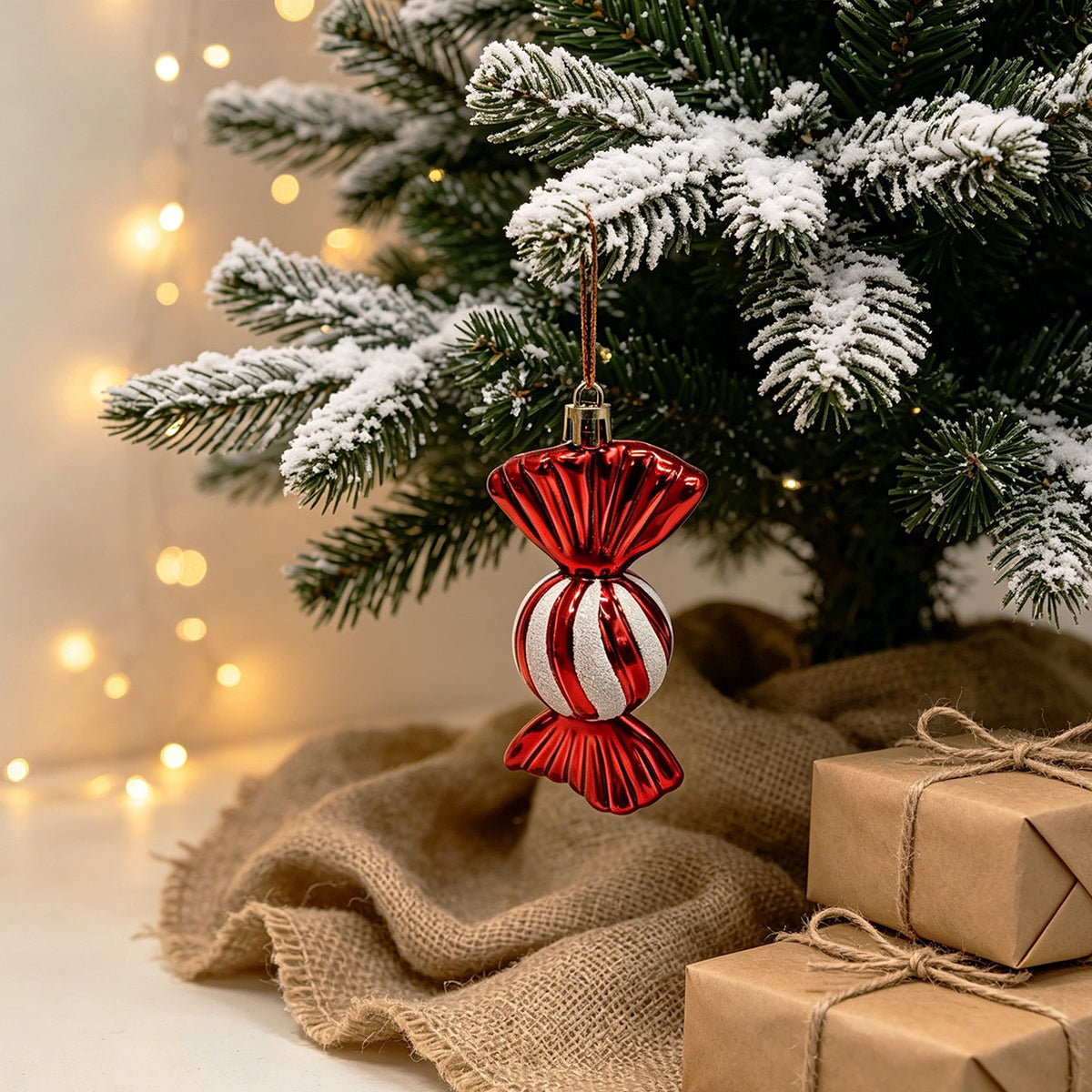 Red and White Christmas Tree Ornaments Set with Santa and Snowman
