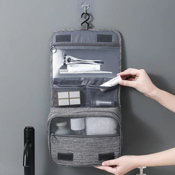 Hanging Cosmetic Organizer for Travel with a Built In Hook | Two Compartments with Mesh Pockets | Water Repellent Oxford Fabric