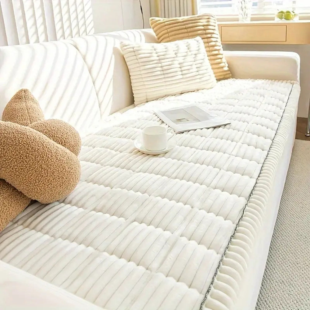 Plush Sofa Cover with Pleated Edge | Soft Layer, Decorative Finish | Easy On and Off Slipcover Design