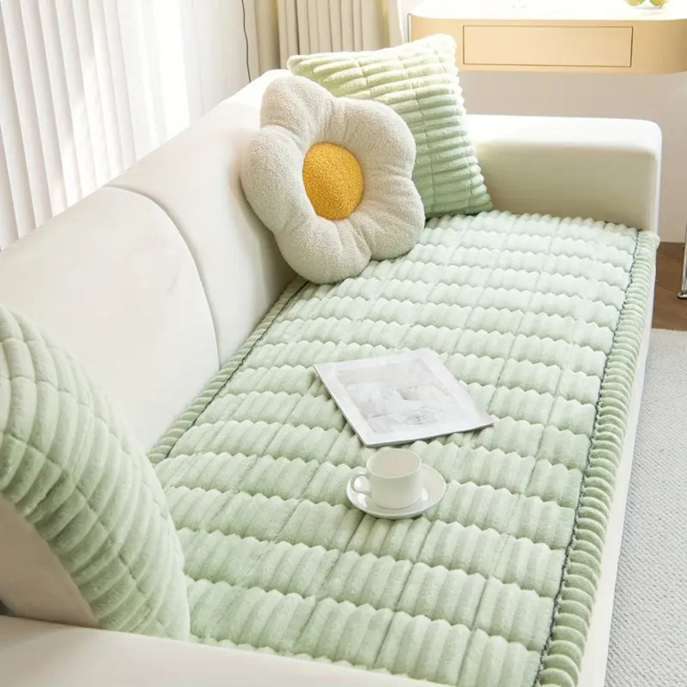 Plush Sofa Cover with Pleated Edge | Soft Layer, Decorative Finish | Easy On and Off Slipcover Design