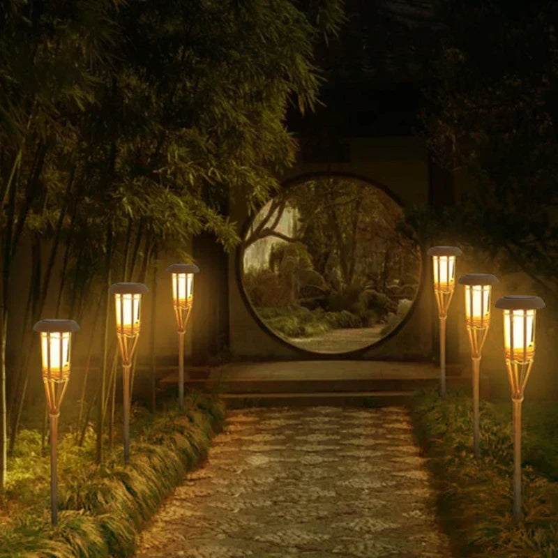 Solar Garden Torches with a Flickering Flame Effect | Set of Five, Cordless and Weatherproof | Outdoor Yard Decorations