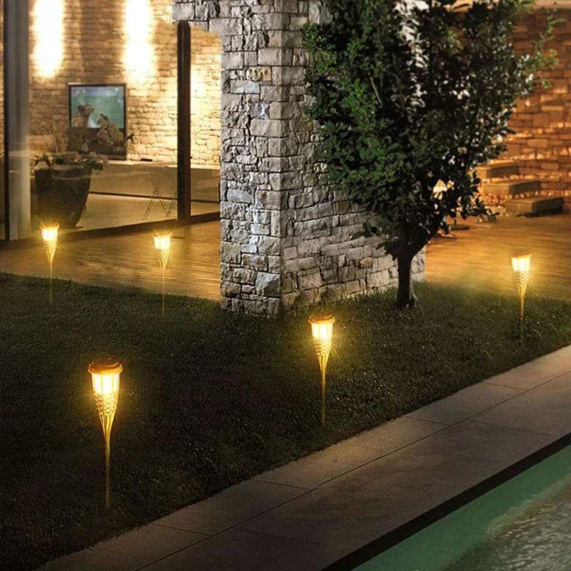 Solar Garden Torches with a Flickering Flame Effect | Set of Five, Cordless and Weatherproof | Outdoor Yard Decorations