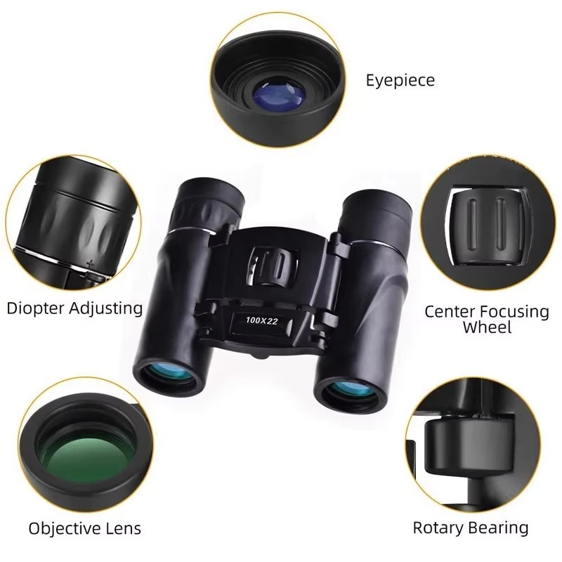 Compact 100x22 HD Binoculars with BAK4 FMC Optics | Foldable Long Range Pocket Pair for Hunting or Camping