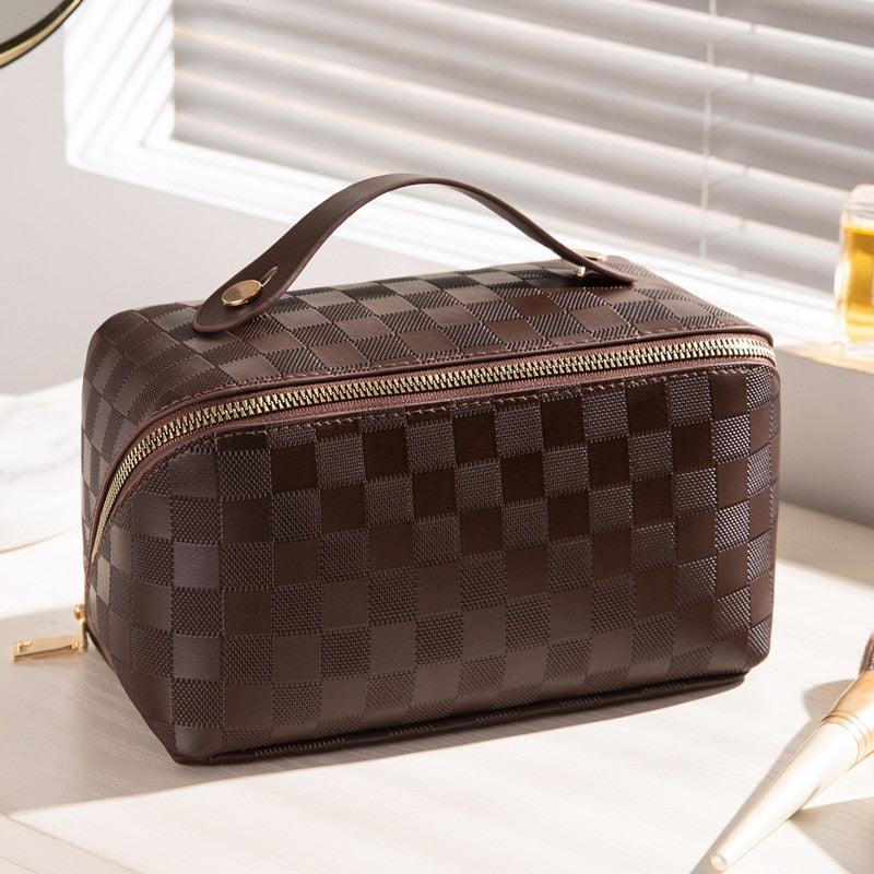 Checkered Travel Bags for Makeup with Carry Handle | Faux Leather Cosmetic Case with Several Compartments