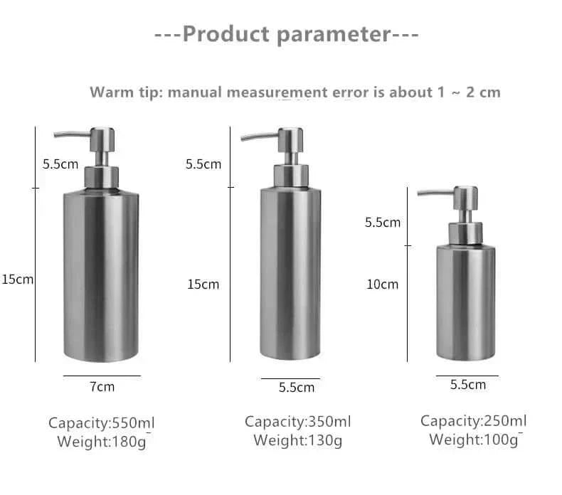 Stainless Steel Soap Dispenser with Hand Pump | Refillable Bottle for the Bathroom Sink or Kitchen Counter | 250 to 550 ml