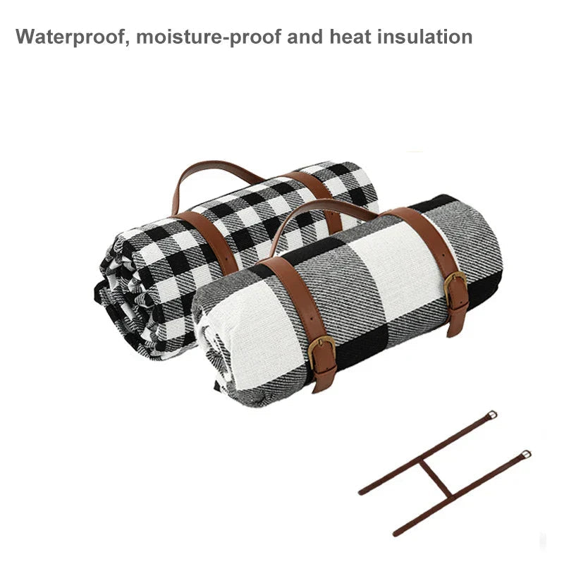 Waterproof Warm Blanket for Picnics and Park Days | Leather Carry Strap, Foam Padding and a PEVA Backing | Two Sizes