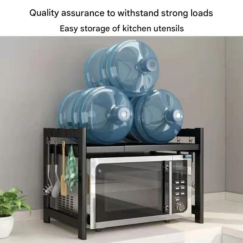 Expandable Two-Tier Microwave Rack with Four Hooks | Carbon Steel Shelves for Kitchen Counters | 17 to 25 in Wide