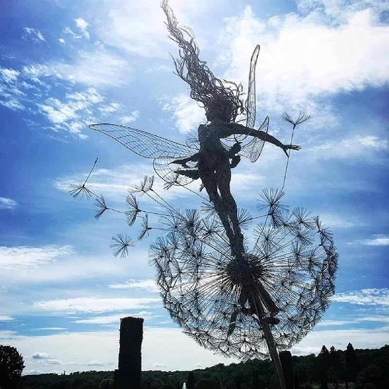 Fairy and Dandelion Garden Statue in Metal | Outdoor Lawn Decoration on Stakes, 75 cm Tall, Eight Designs
