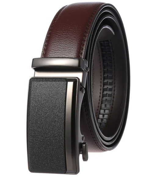 Mens Leather Belt with Automatic Ratchet Buckle | Cowhide Strap 35 mm Wide, No Punch Holes | Sizes 43 to 51 in