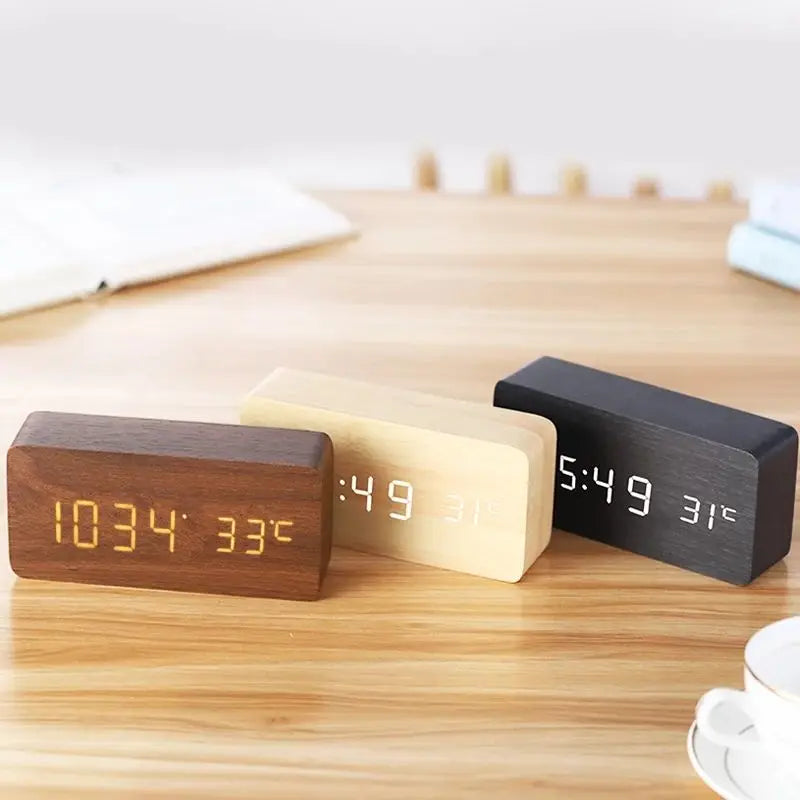 Digital Alarm Clock in Wood Finish with Bright LED Display | Silent Bedside Timepiece for Bedroom or Office