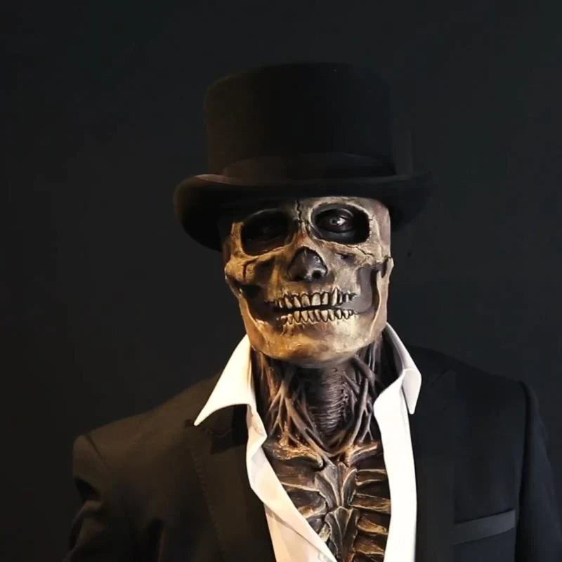 Halloween Skeleton Horror Mask in Soft Latex | Realistic Full Head Skull Costume Face Cover with Hat Option