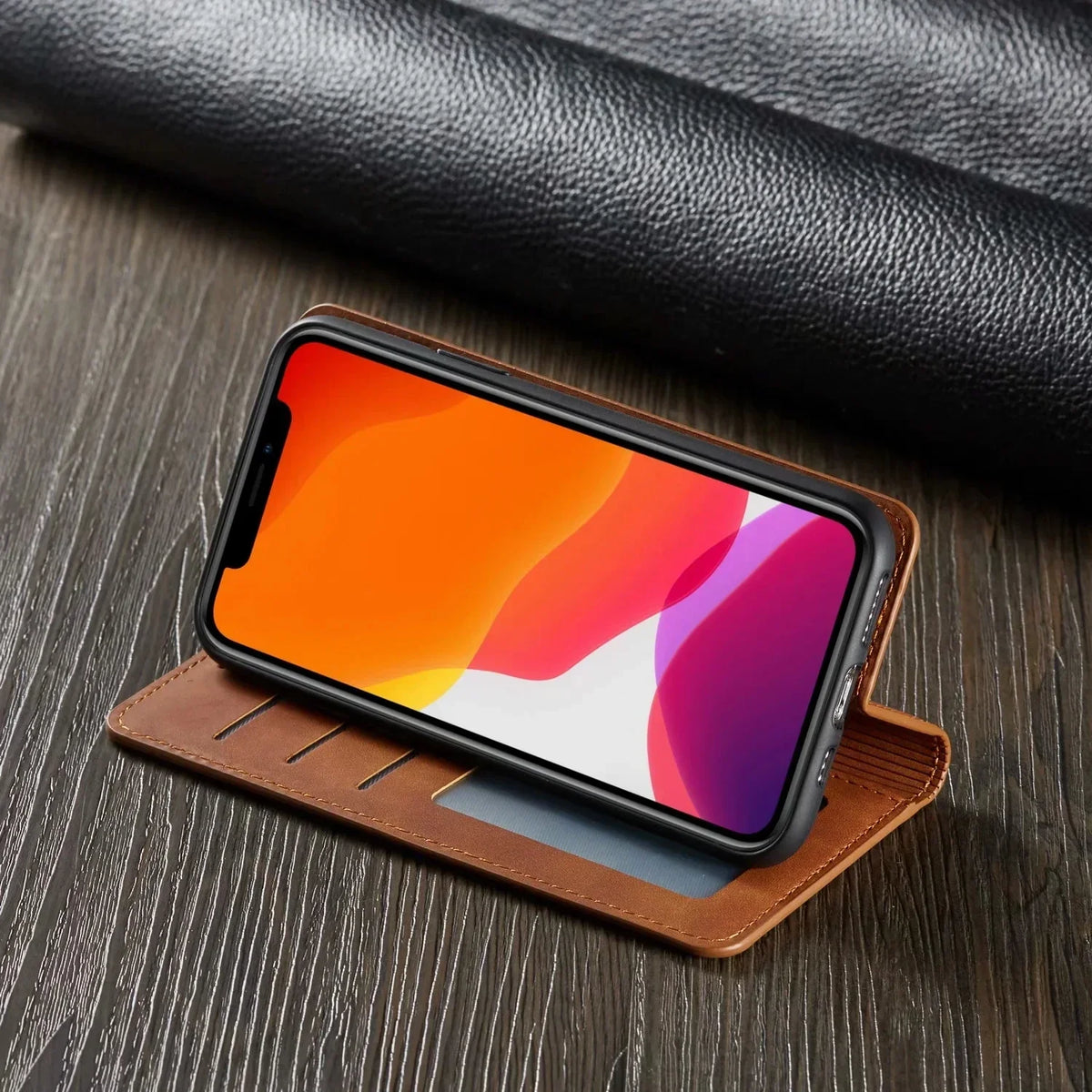 Faux Leather Wallet Phone Case for iPhone 15 14 13 and 12 | Magnetic Flip Cover with 3 Card Slots and Stand