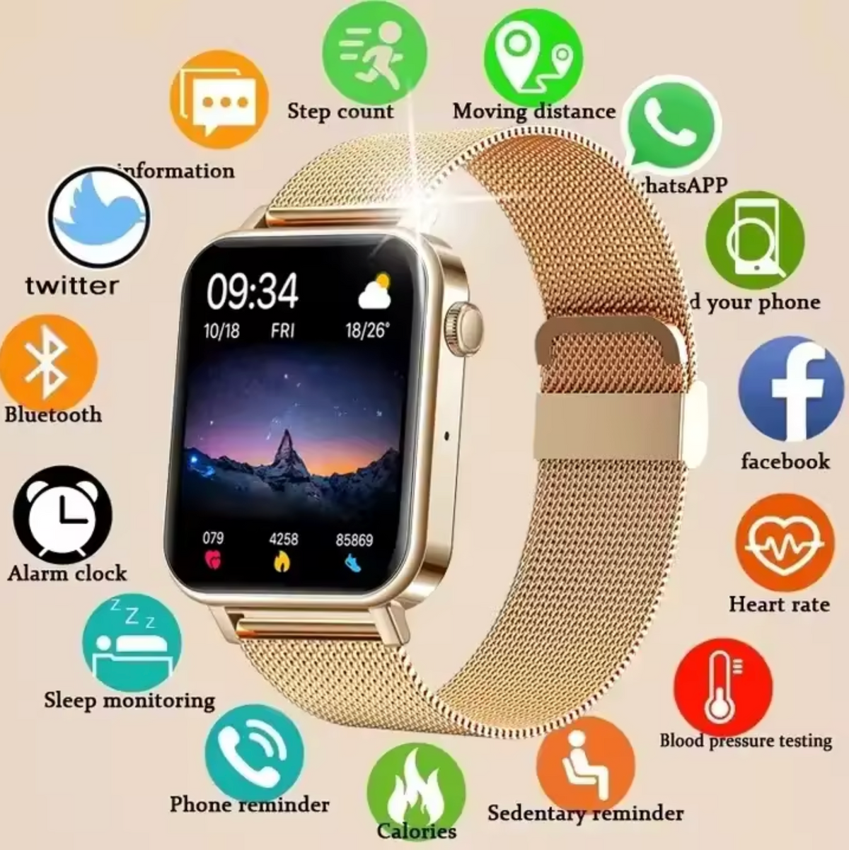 Smart Watch with Fitness Tracker and Touchscreen | Calls and Messages on the Wrist, Mesh Strap | 4 Colors