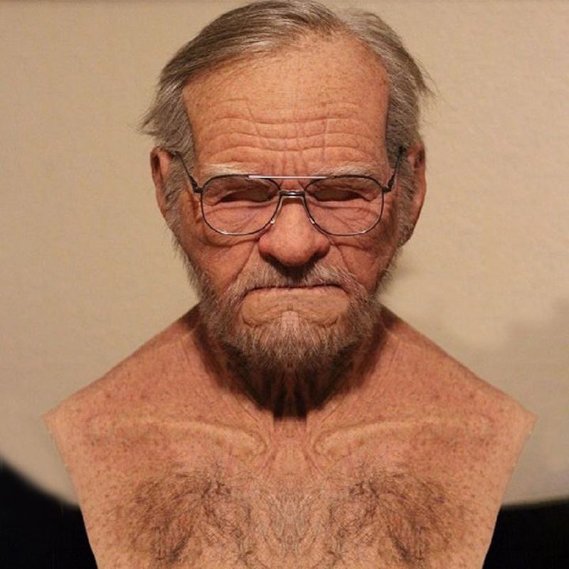 Elderly man latex Halloween mask shown from the side