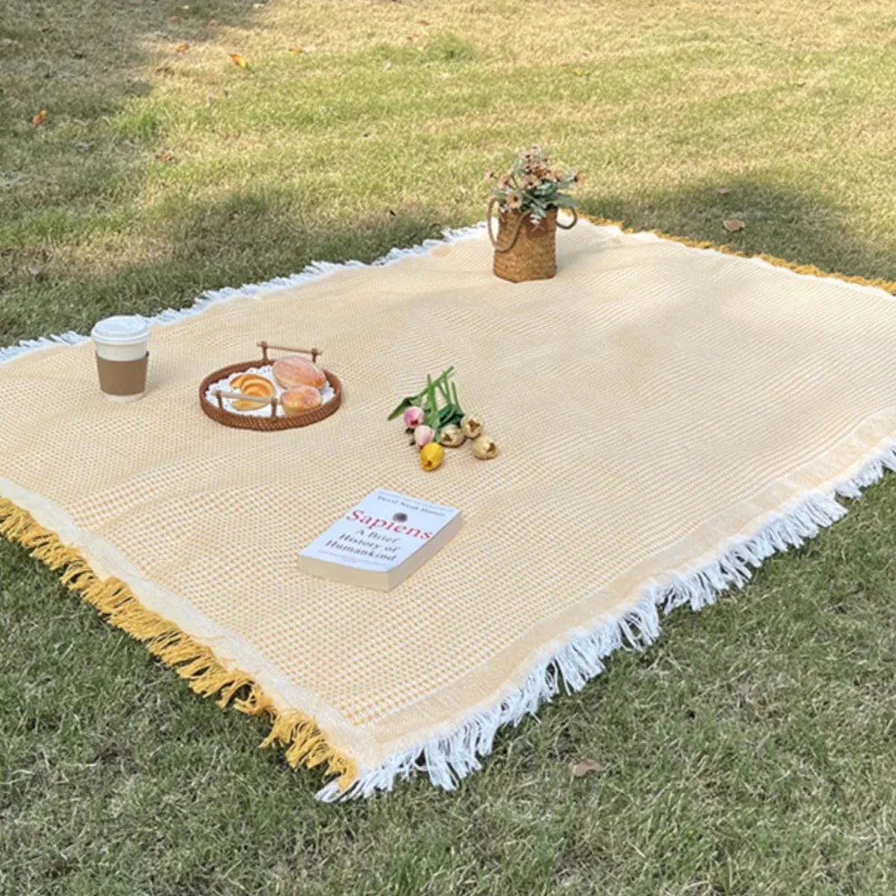 Boho Woven Picnic Blanket with Tassel Edges | Foldable and Lightweight | For Picnics, Beach Outings, and Camping
