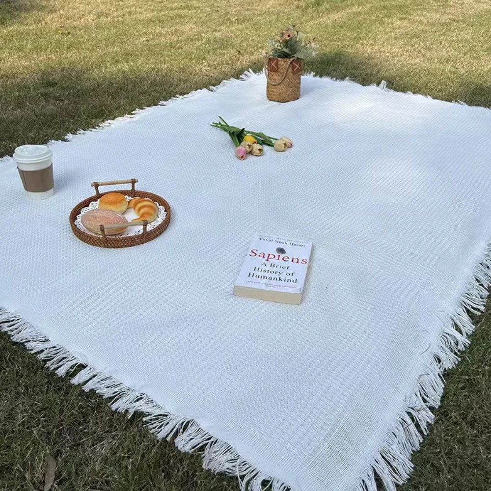 Boho Woven Picnic Blanket with Tassel Edges | Foldable and Lightweight | For Picnics, Beach Outings, and Camping