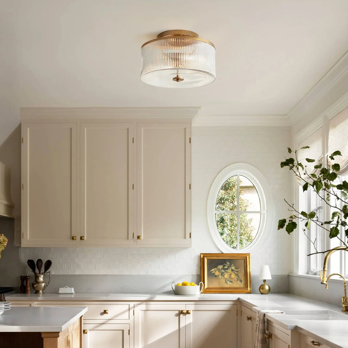 Ribbed Glass Drum Ceiling Light | Available in Brass or Black | Soft Even Glow for Bedrooms and Kitchens