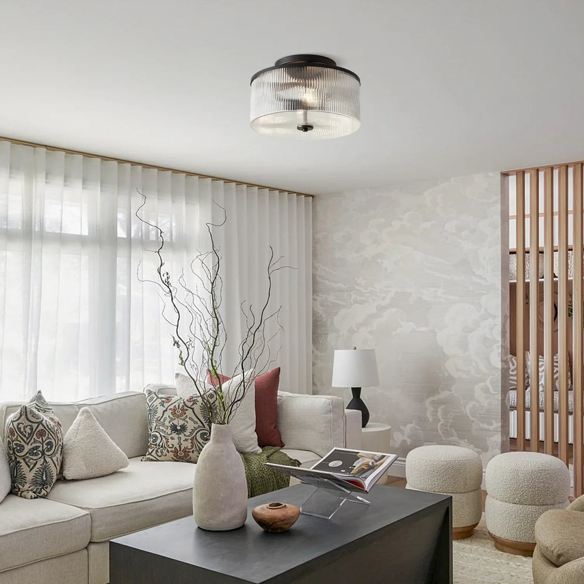 Ribbed Glass Drum Ceiling Light | Available in Brass or Black | Soft Even Glow for Bedrooms and Kitchens