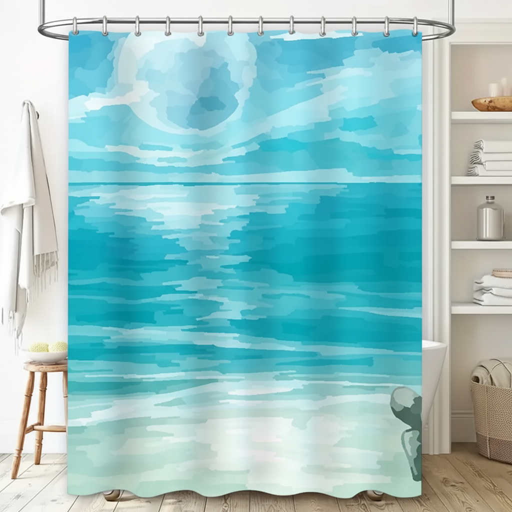 Fabric Shower Curtain with Watercolor Sea Print | Water-Repellent and Machine Washable | 4 Sizes