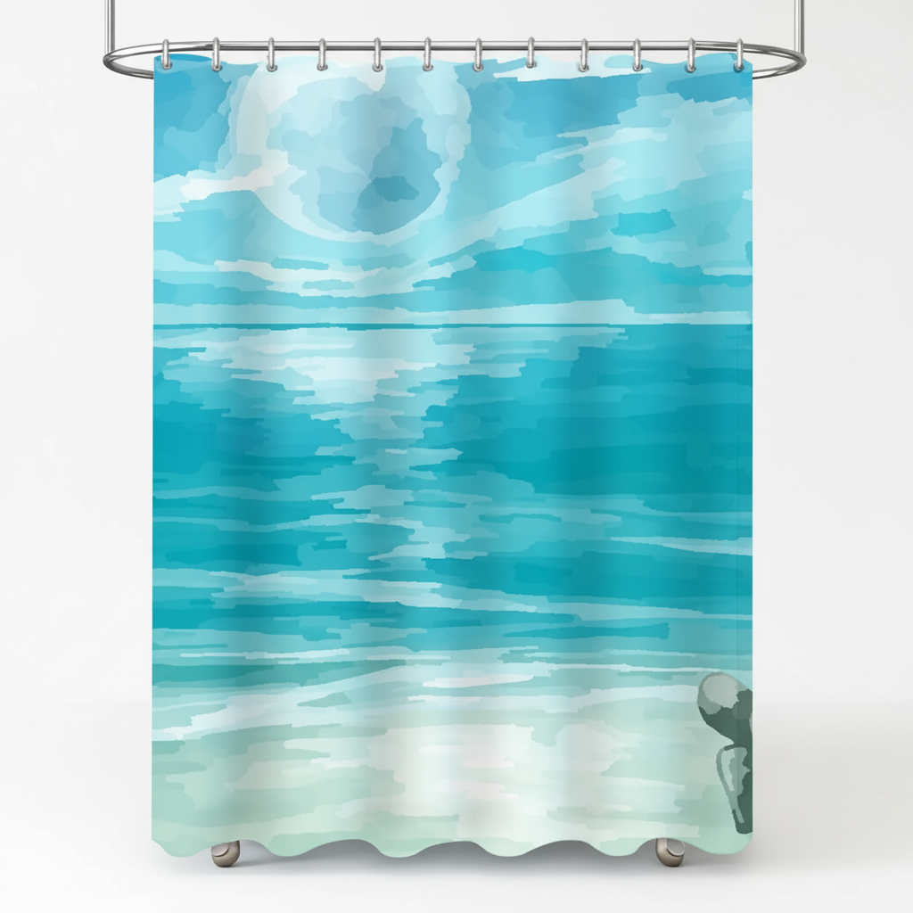 Fabric Shower Curtain with Watercolor Sea Print | Water-Repellent and Machine Washable | 4 Sizes
