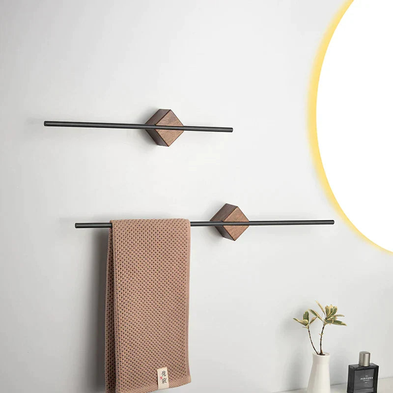Wall Mounted Rail on a Natural Wood Grain Block | Minimalist Bathroom Towel Storage in Black or Gold | Three Lengths