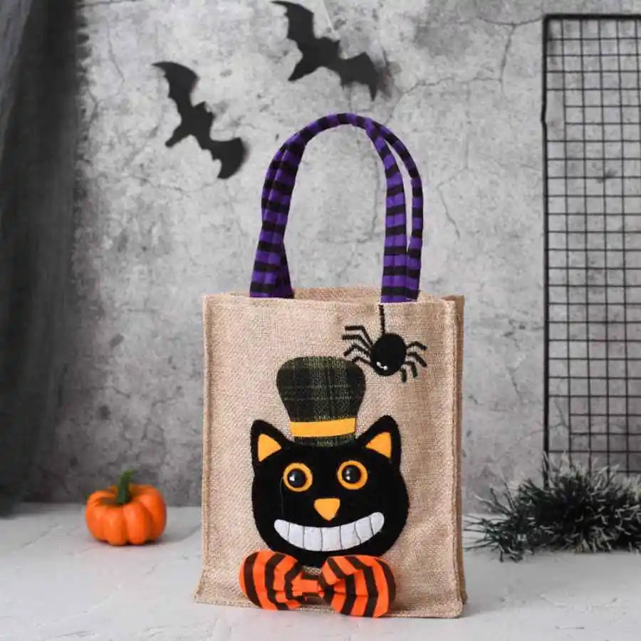 Halloween Trick Or Treat Bag | 10.23 X 5.9 In Cotton Linen With Sturdy Handles | Pumpkin, Cat, Witch Or Skull Design