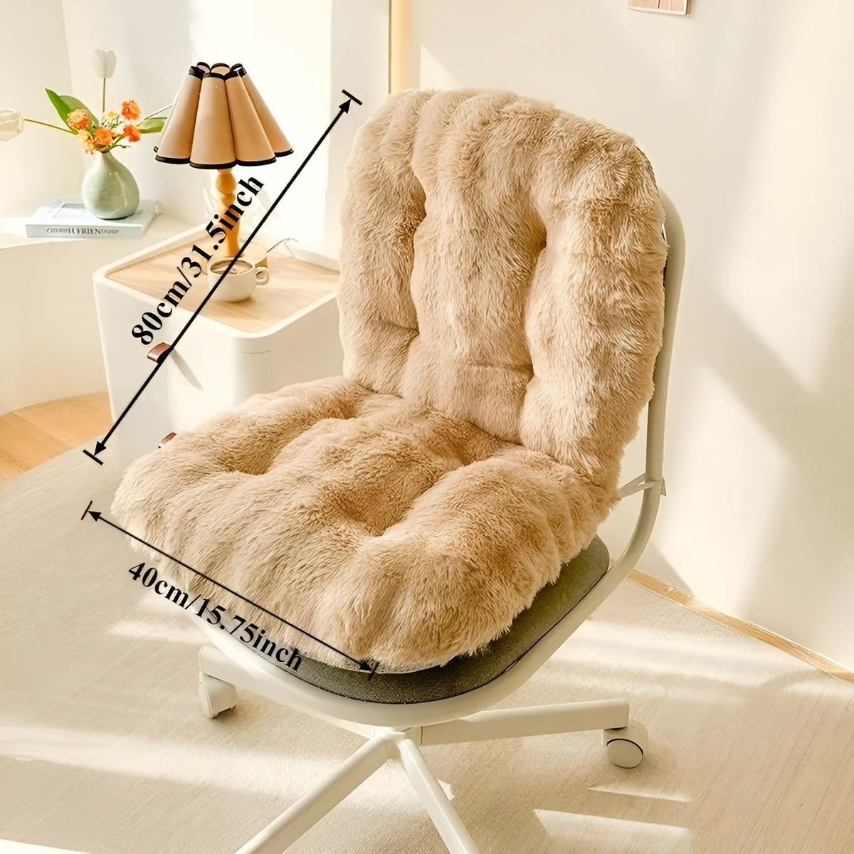 Faux Fur Seat Cushion with Attached Backrest | Non-Slip Base and Tie Straps for Dining or Office Chairs | 4 Colors