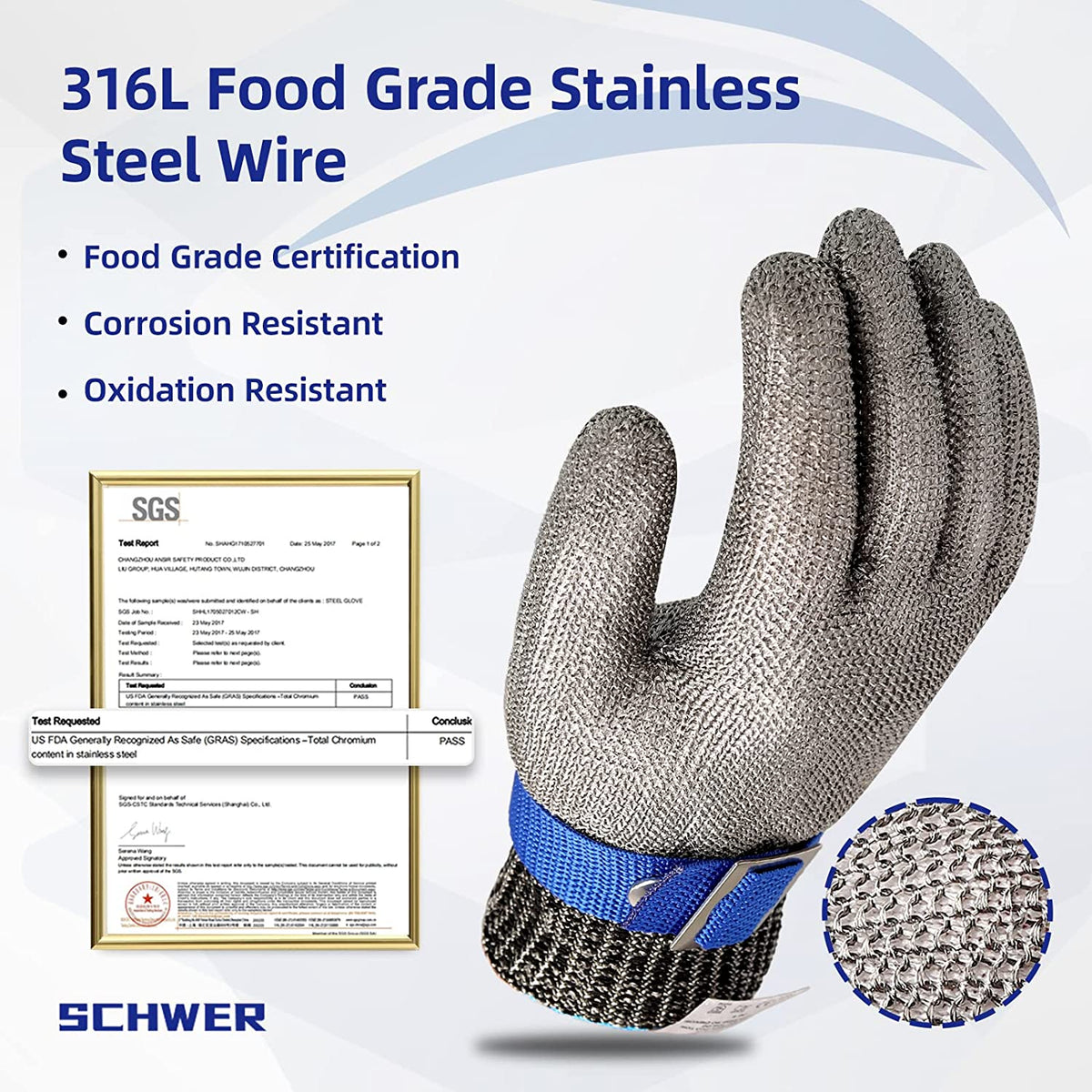 Stainless Steel Mesh Cut Resistant Work Gloves | Food Safe Chainmail Hand Protection | Single Glove, Sizes S to XL