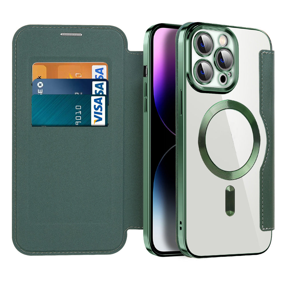 Magnetic Flip iPhone Cases with Card Slot and RFID Shielding | Clear Shockproof Back, Fits 15 Pro Max to 12