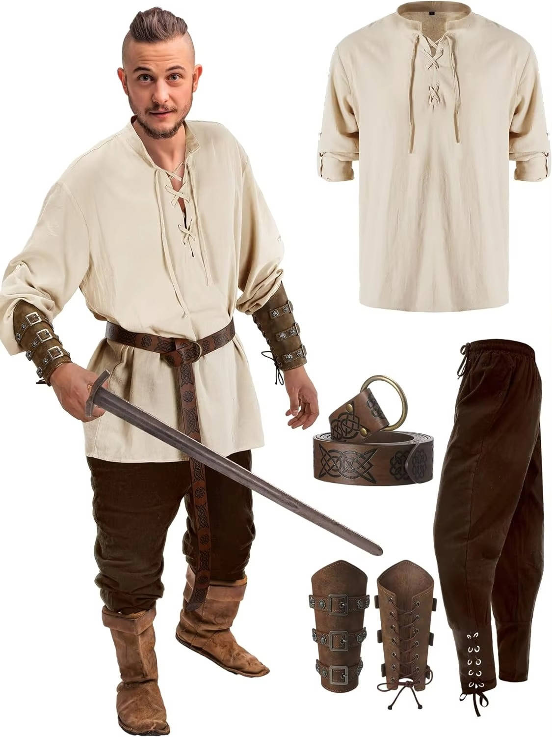 Medieval costume set in beige brown with laced pirate pants
