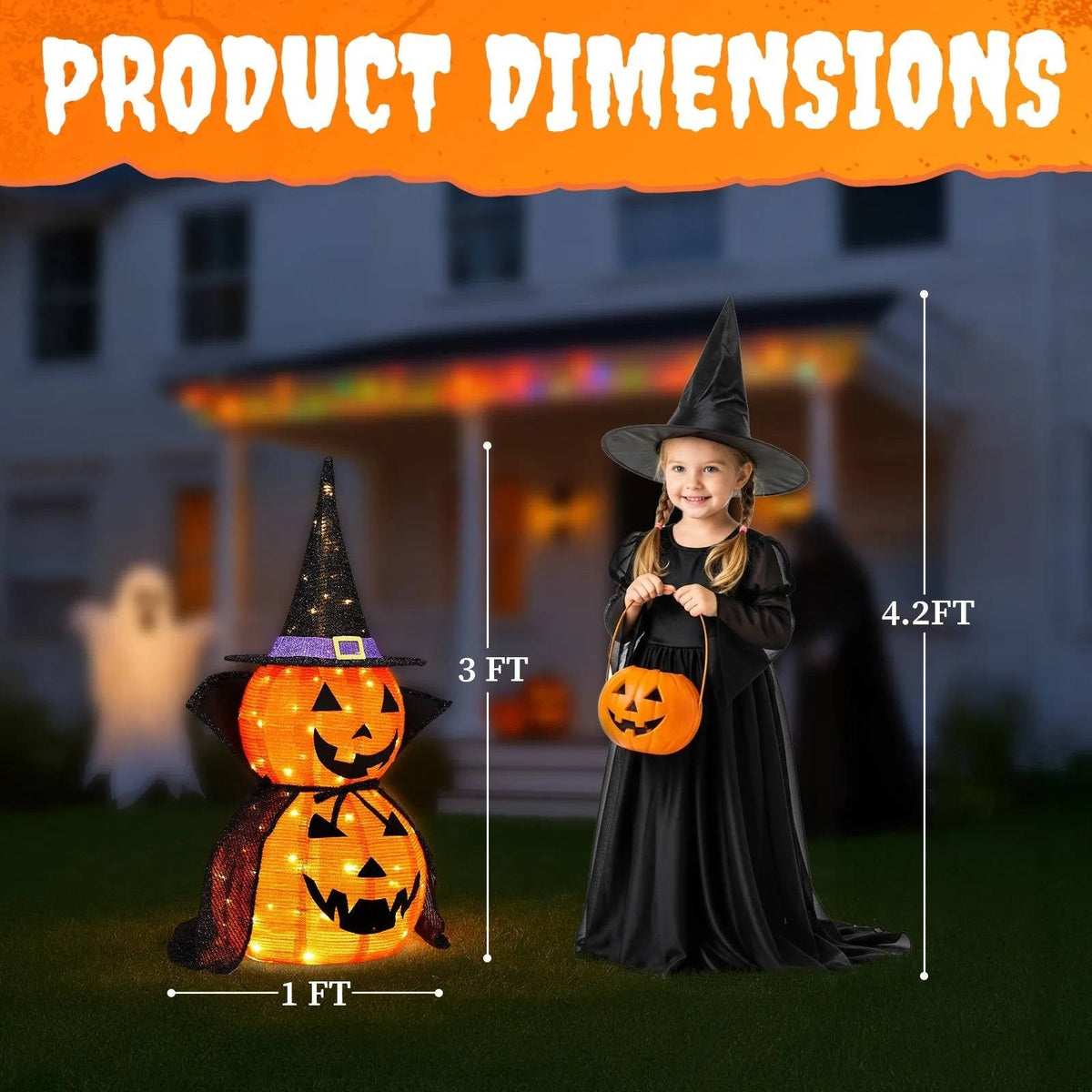 Warm white LED glow from the 3 ft Halloween pumpkin decoration