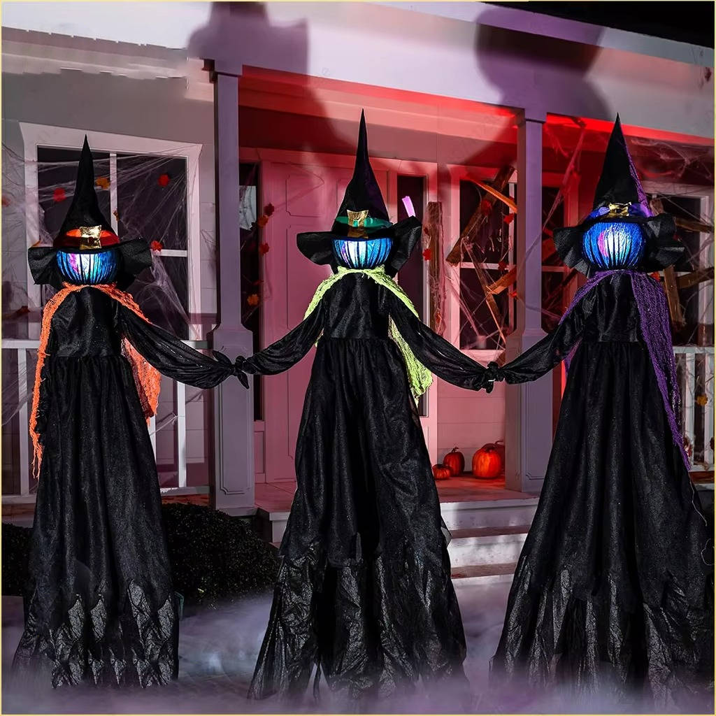 Three faceless witch figures holding hands in a circle
