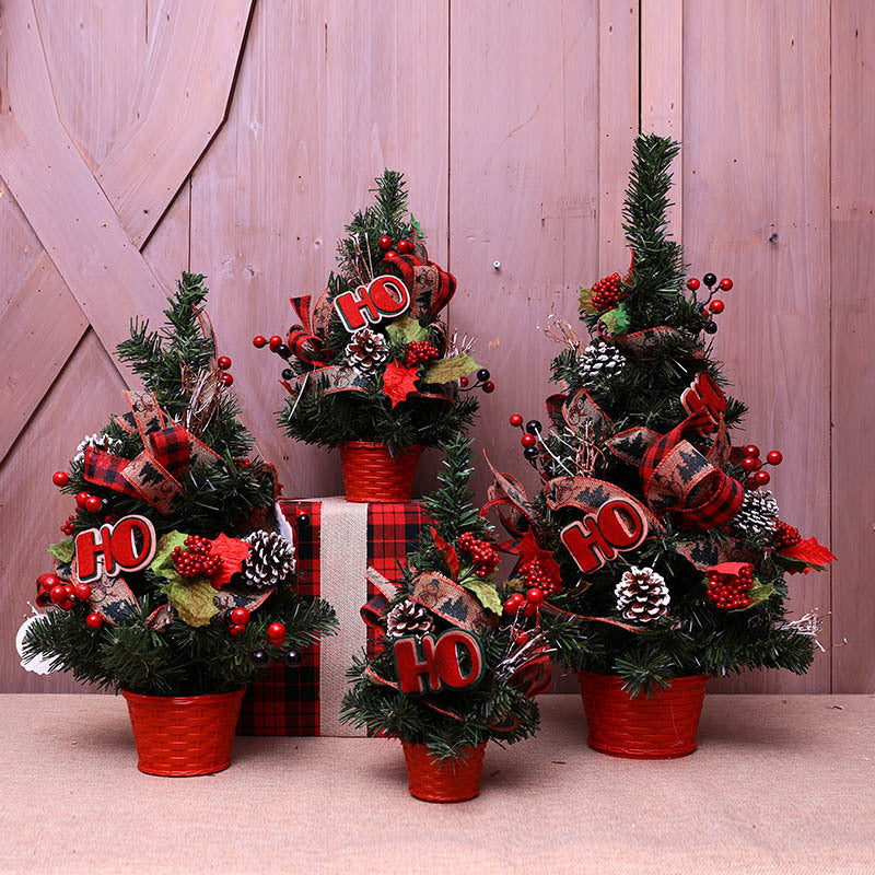 Miniature Christmas Tree with Plaid Ribbon and Red Berries
