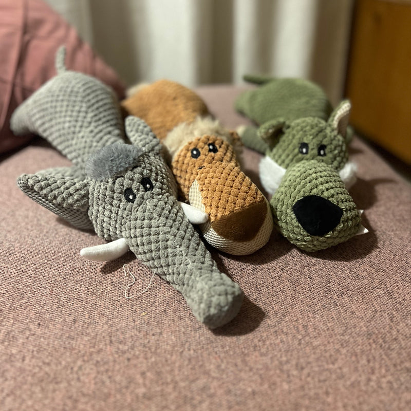 Plush Dog Chew Toys in Three Animal Shapes | Soft Fabric Build for Everyday Play | Wolf, Lion and Elephant
