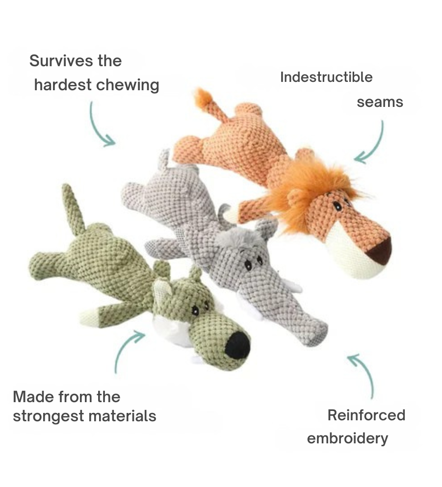 Plush Dog Chew Toys in Three Animal Shapes | Soft Fabric Build for Everyday Play | Wolf, Lion and Elephant