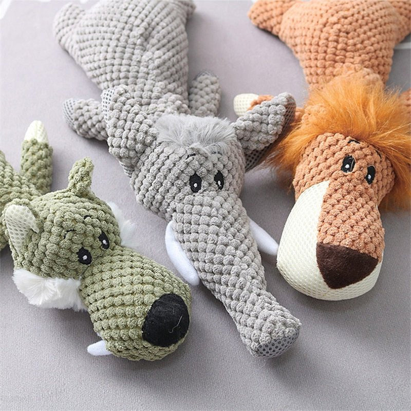 Plush Dog Chew Toys in Three Animal Shapes | Soft Fabric Build for Everyday Play | Wolf, Lion and Elephant