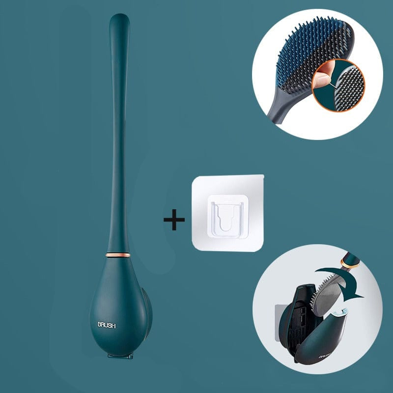 Flat Head Toilet Brush in Silicone | Wall Mounted Holder with an Adhesive Pad | Five Colors, Tips Dry Quickly After Use