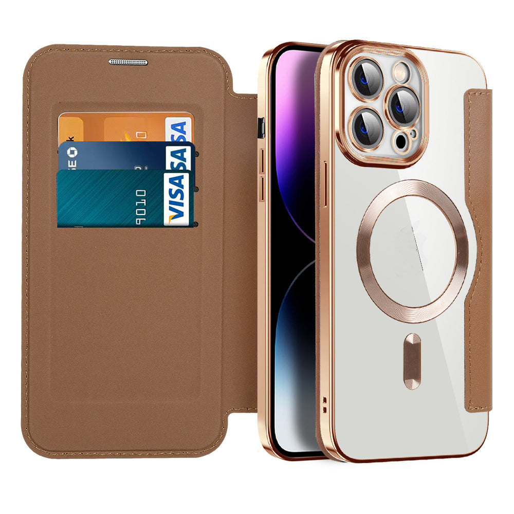 Magnetic Flip iPhone Cases with Card Slot and RFID Shielding | Clear Shockproof Back, Fits 15 Pro Max to 12